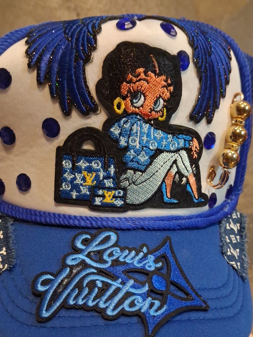 Blue Embroidered Cartoon Trucker Hat with Rhinestones - Picture 3 of 5